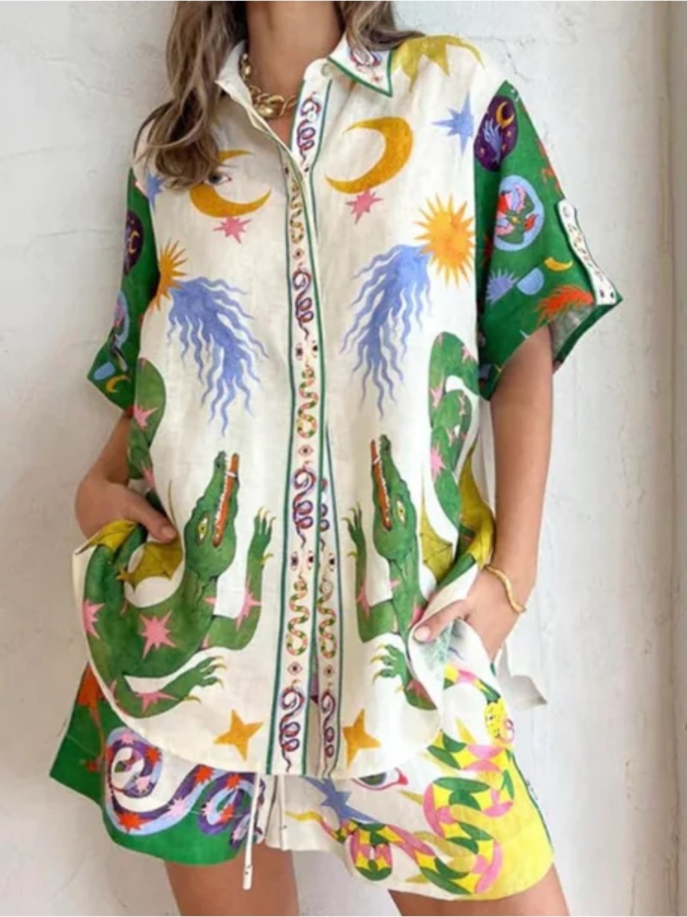 Women’s Cream & Green Dragon Print Shirt and Shorts Set